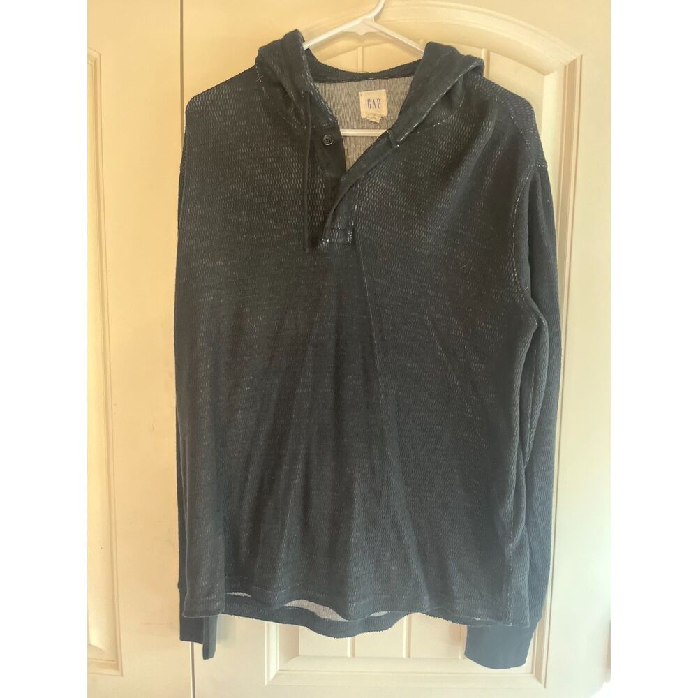 NWT Gap Men's Hooded Waffle Knit Henley Black Size Medium